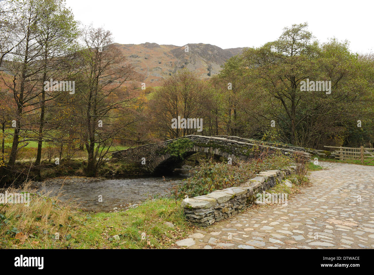 Neue Brücke über den Fluss Derwent, Rosthwaite in Borrowdale, im Lake District National Park Stockfoto