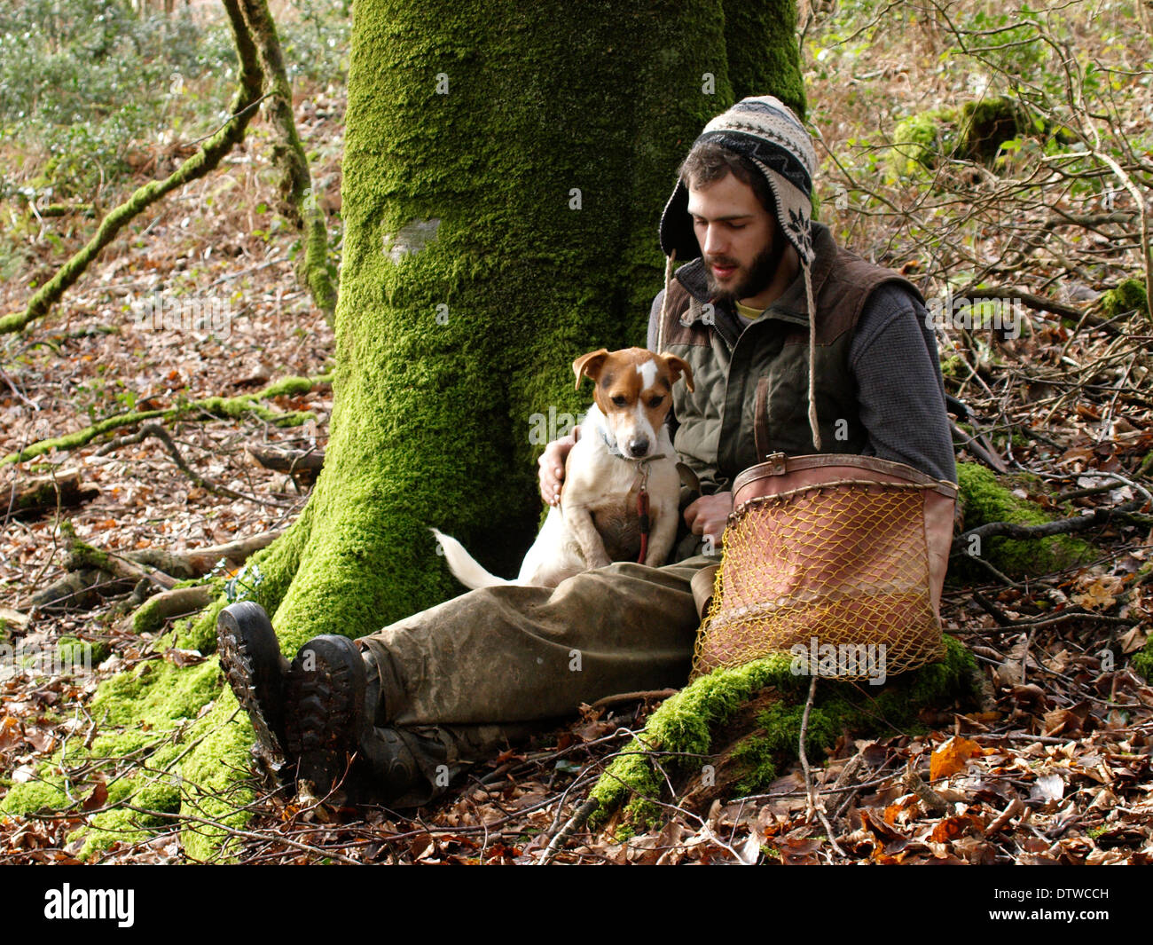 Mann und Jack Russell Hund saß neben Baum, Cornwall, UK Stockfoto