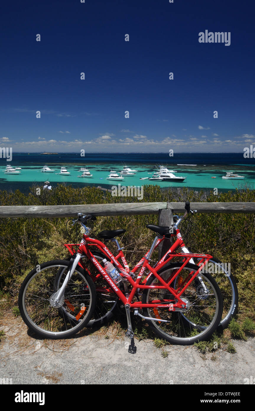 Roten Leihfahrräder an Parker Punkt, Rottnest Island, Western Australia. Keine PR Stockfoto