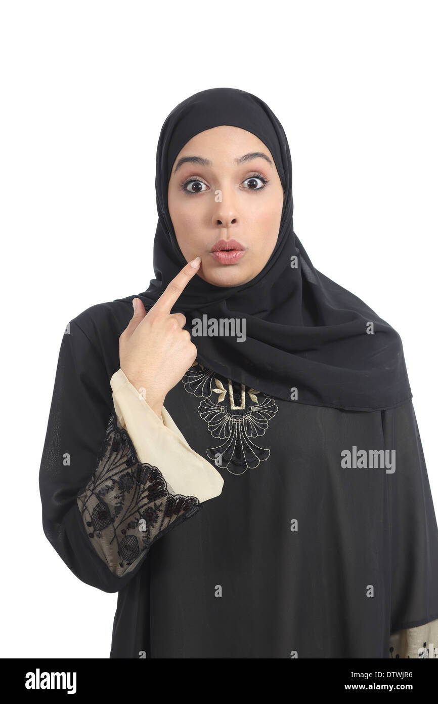 Arabische saudi Emirate gestikulieren Hoppla Frau auf einem weißen Hintergrund isoliert Stockfoto
