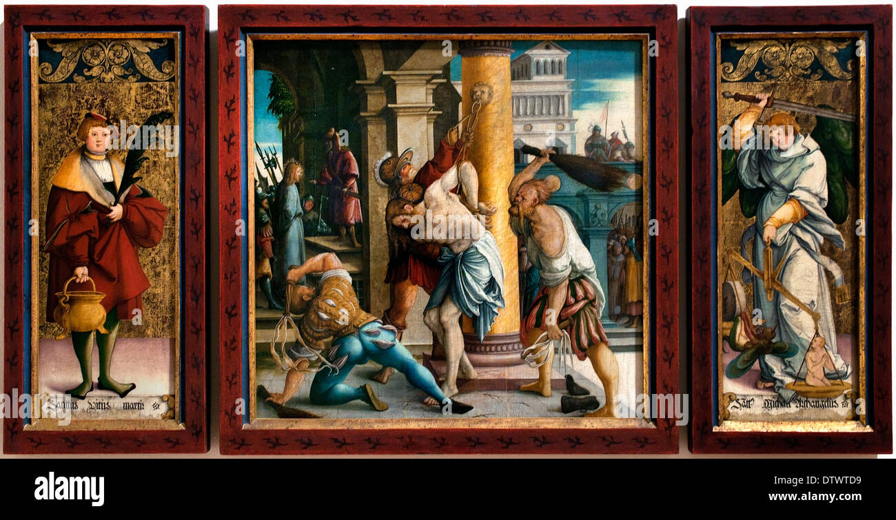 Meister von Meßkirch 1488-1565 Geißelung Christi, im Hintergrund, Christus vor Pilate 1530/40 Deutsch Deutschland Stockfoto