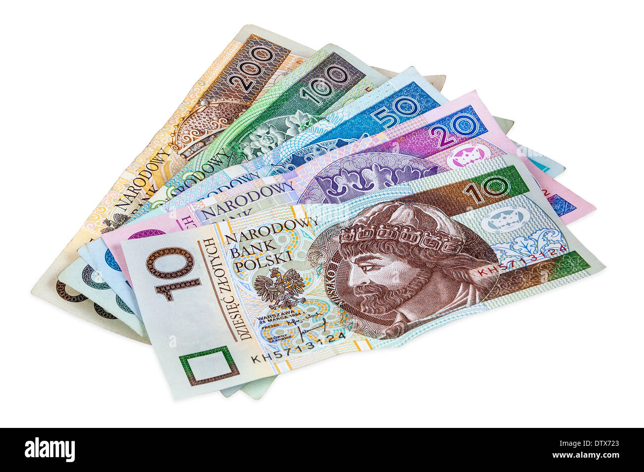 Satz von polnischen Banknoten isoliert auf weißem Hintergrund mit Beschneidungspfad Stockfoto