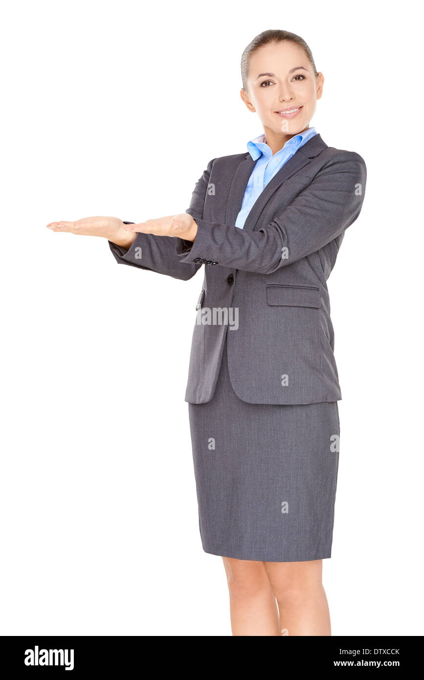 Geschäftsfrau hält ihre leeren Handflächen Stockfoto