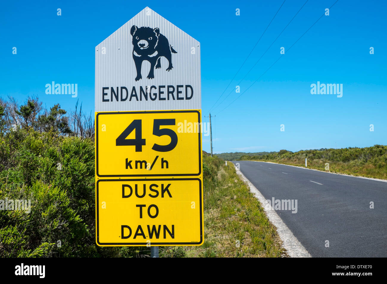 Straßenschilder für den gefährdeten Tasmanischen Teufel in der Nähe von Marrawah, Arthur River, Tasmanien Stockfoto