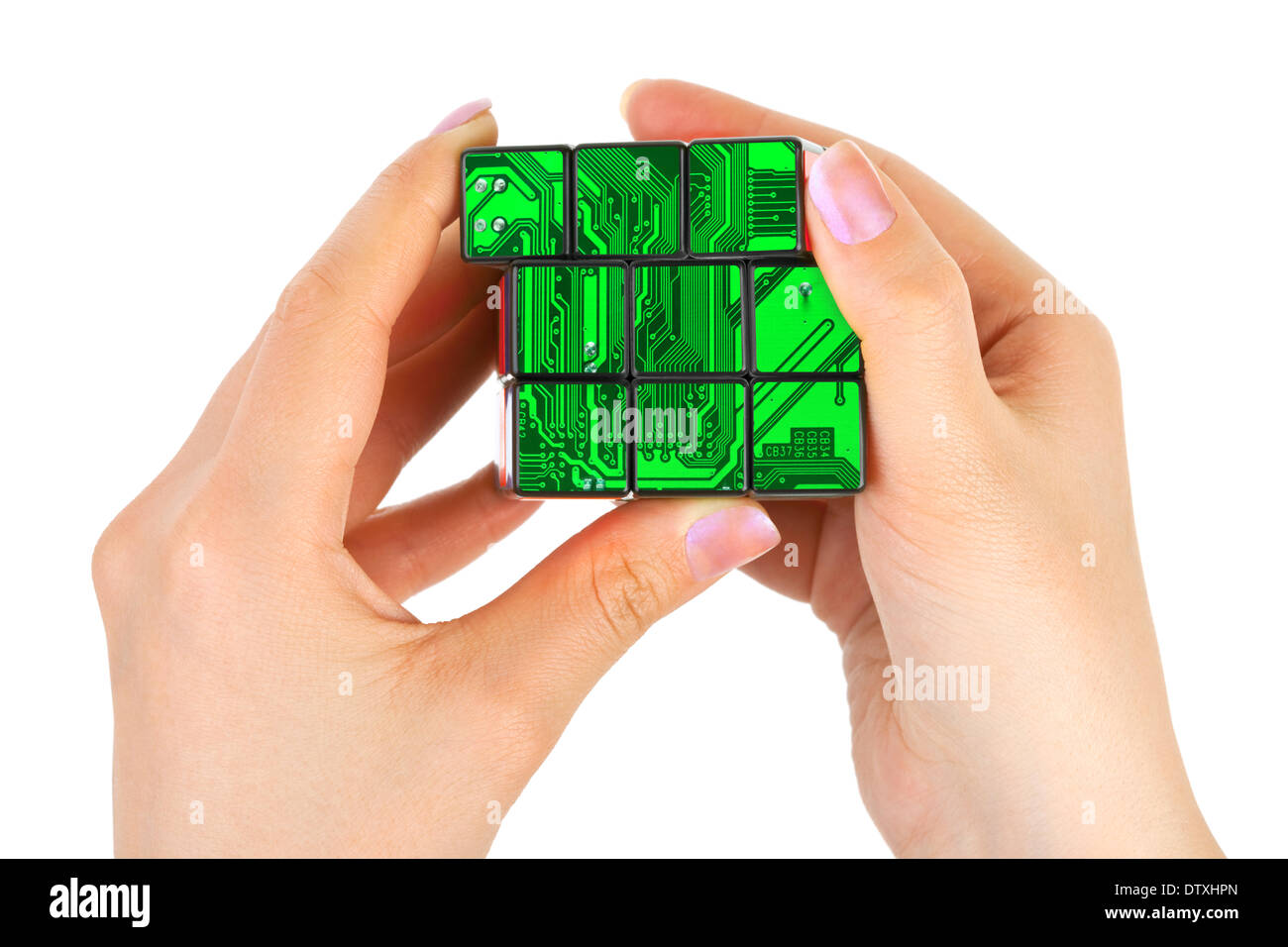 Hände mit Technologie-puzzle Stockfoto