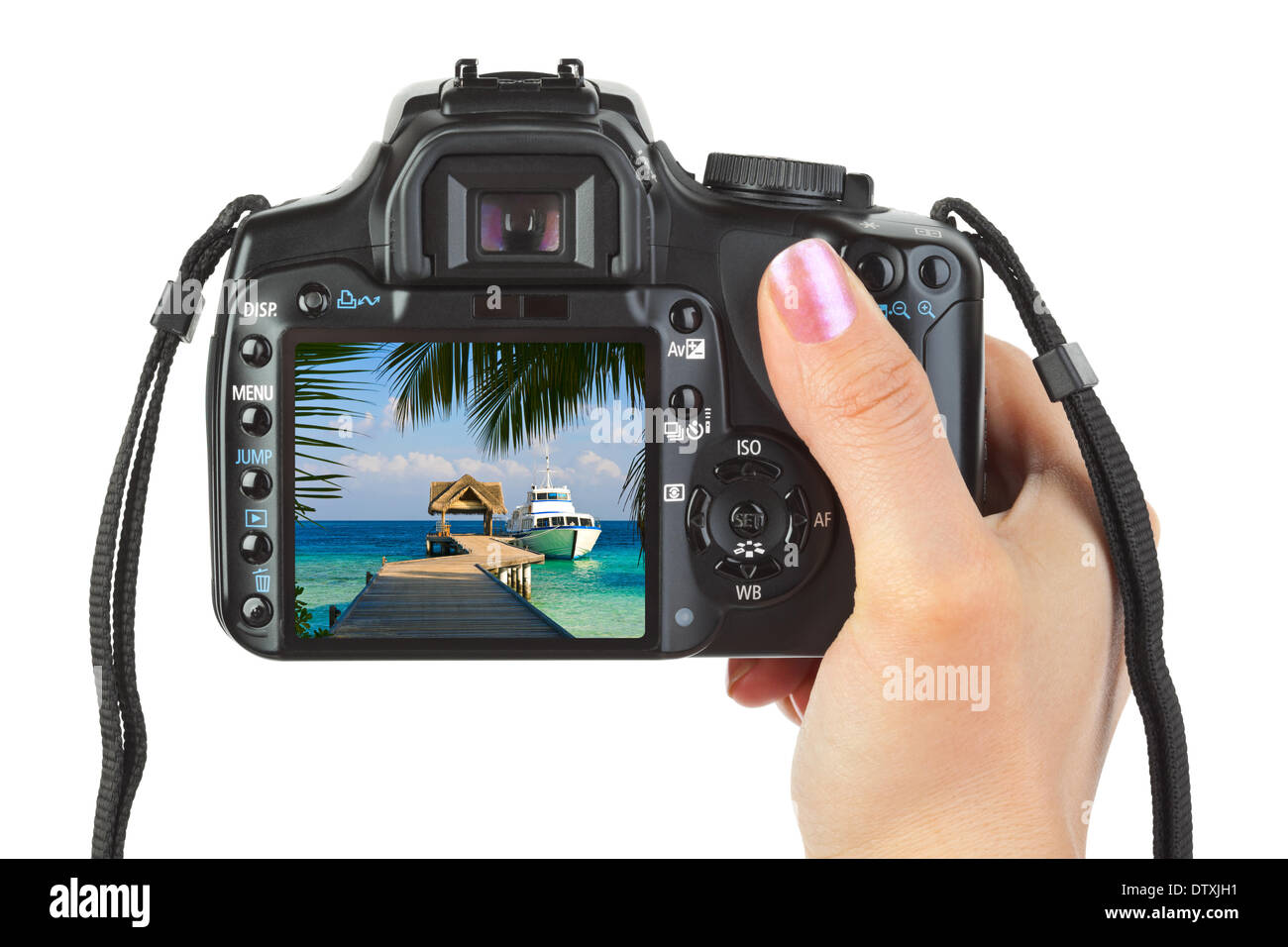 Kamera in der Hand und Strand Landschaft Stockfoto