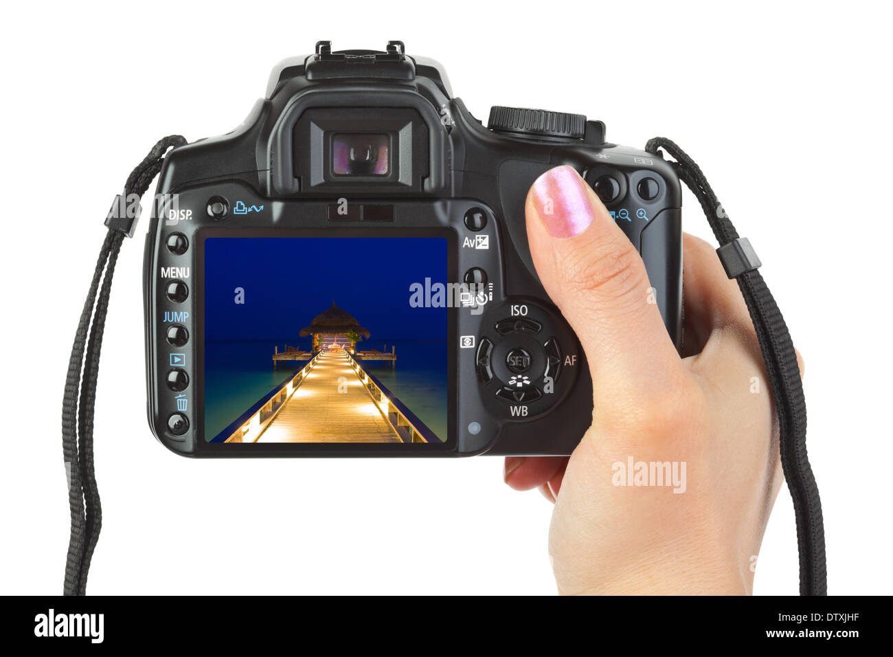 Kamera in der Hand und Strand Landschaft Stockfoto