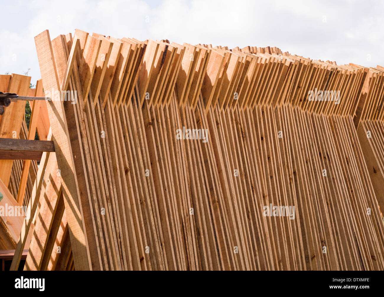 Holzbretter zum Trocknen gestapelt. Ein Stapel von frisch gesägten Brettern Stand up zum Trocknen an einem lokalen Tulum Sägewerk. Stockfoto