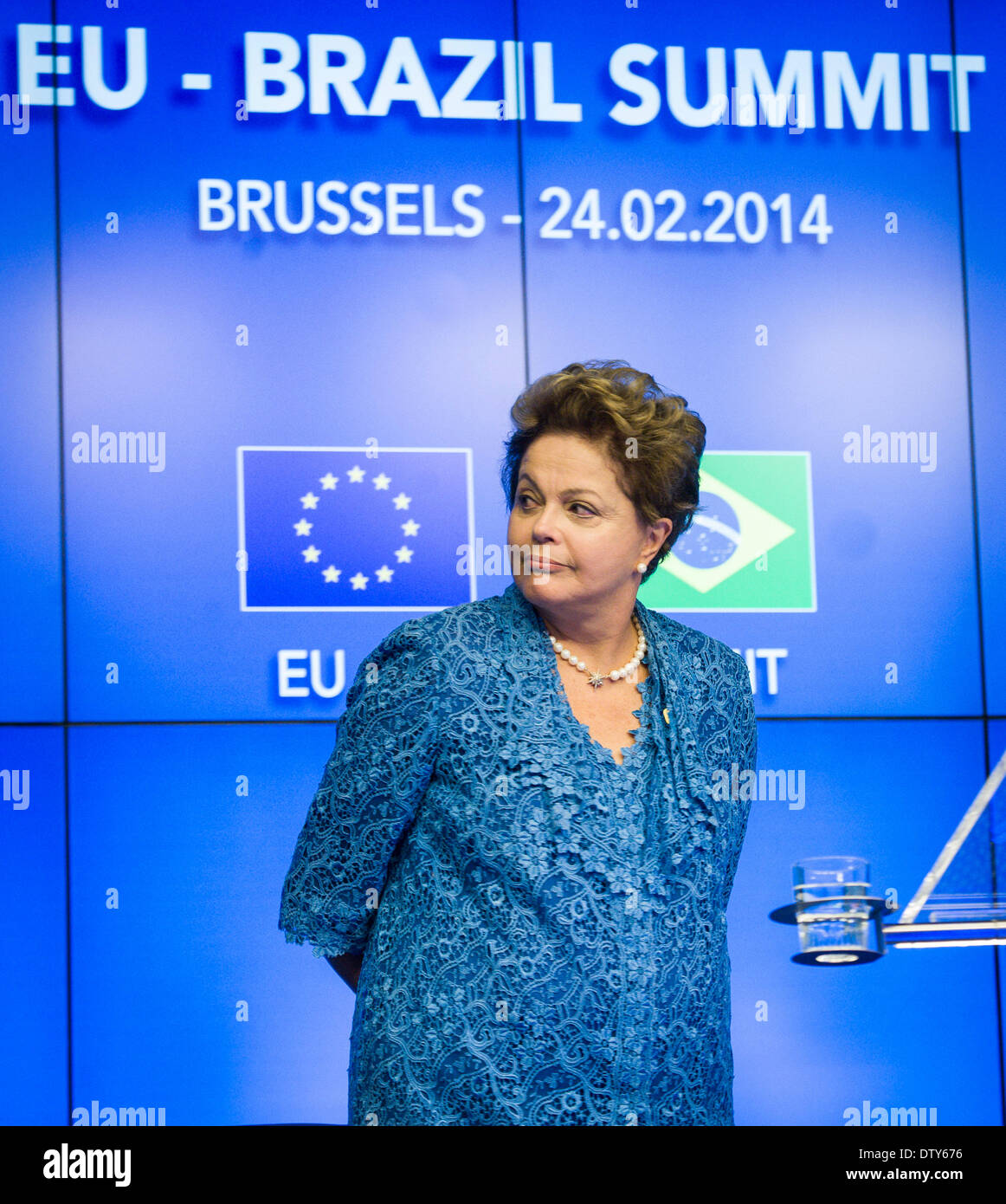 Brasiliens Präsidentin Dilma Rousseff hält Pressekonferenz am Ende eine EU-Brasilien-Gipfel in Brüssel am 24.02.2014 von Wiktor Dabkowski Stockfoto