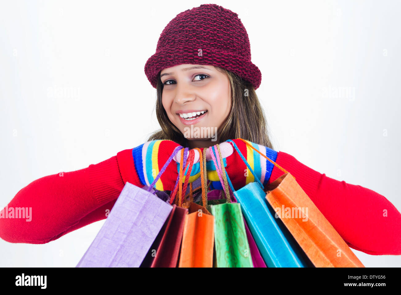 indische schöne Mädchen Shopping Bags Stockfoto