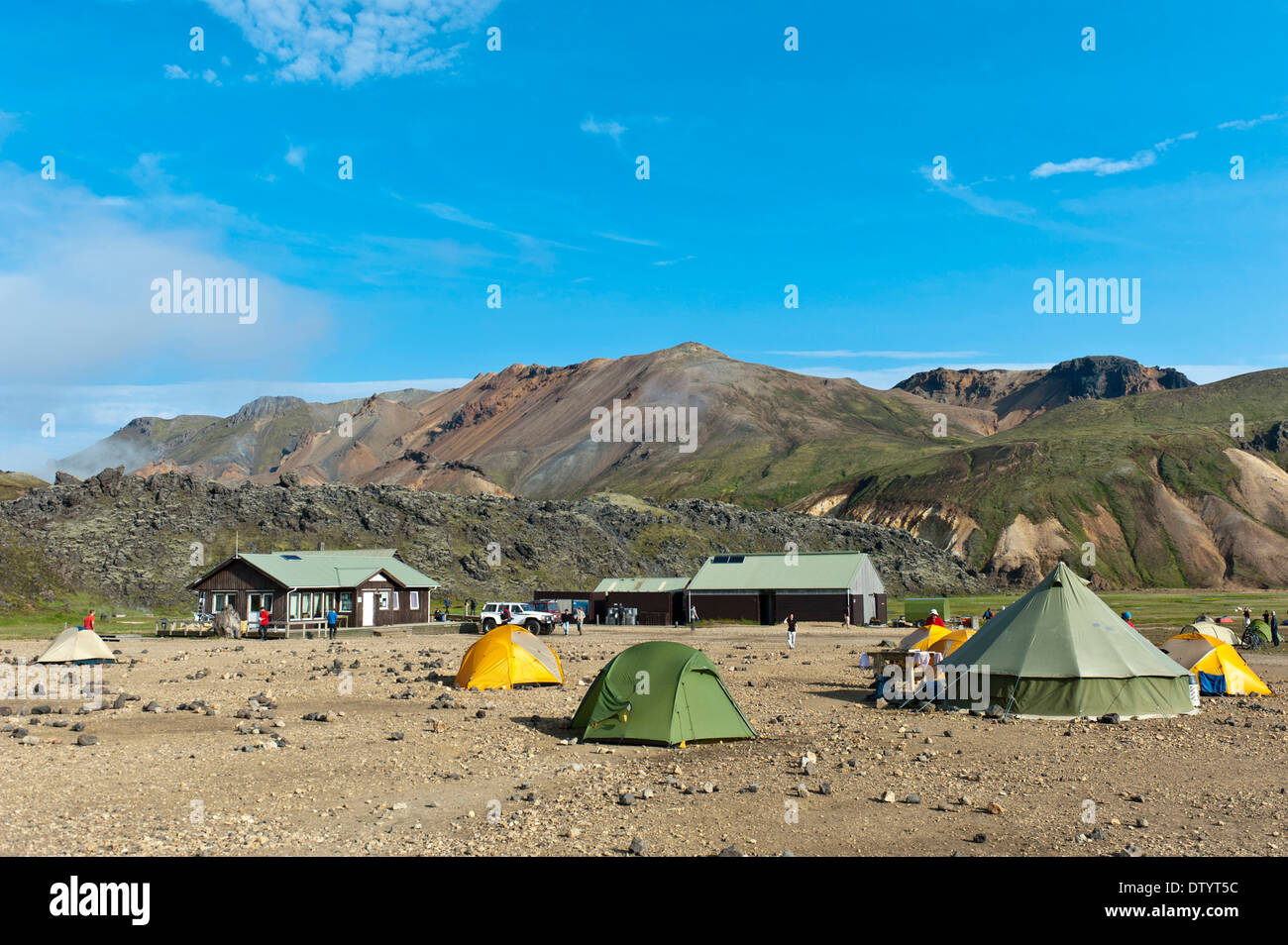 Campingplatz, Landmannalaugar, Rangárþing Ytra, Island, Scandinavia Stockfoto