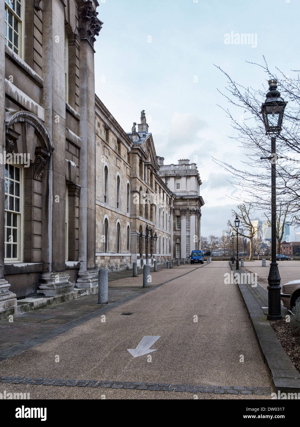 Außenansicht des Old Royal Naval College, am Flussufer Gebäude vom Architekten Sir Christopher Wren - Greenwich, UK Stockfoto