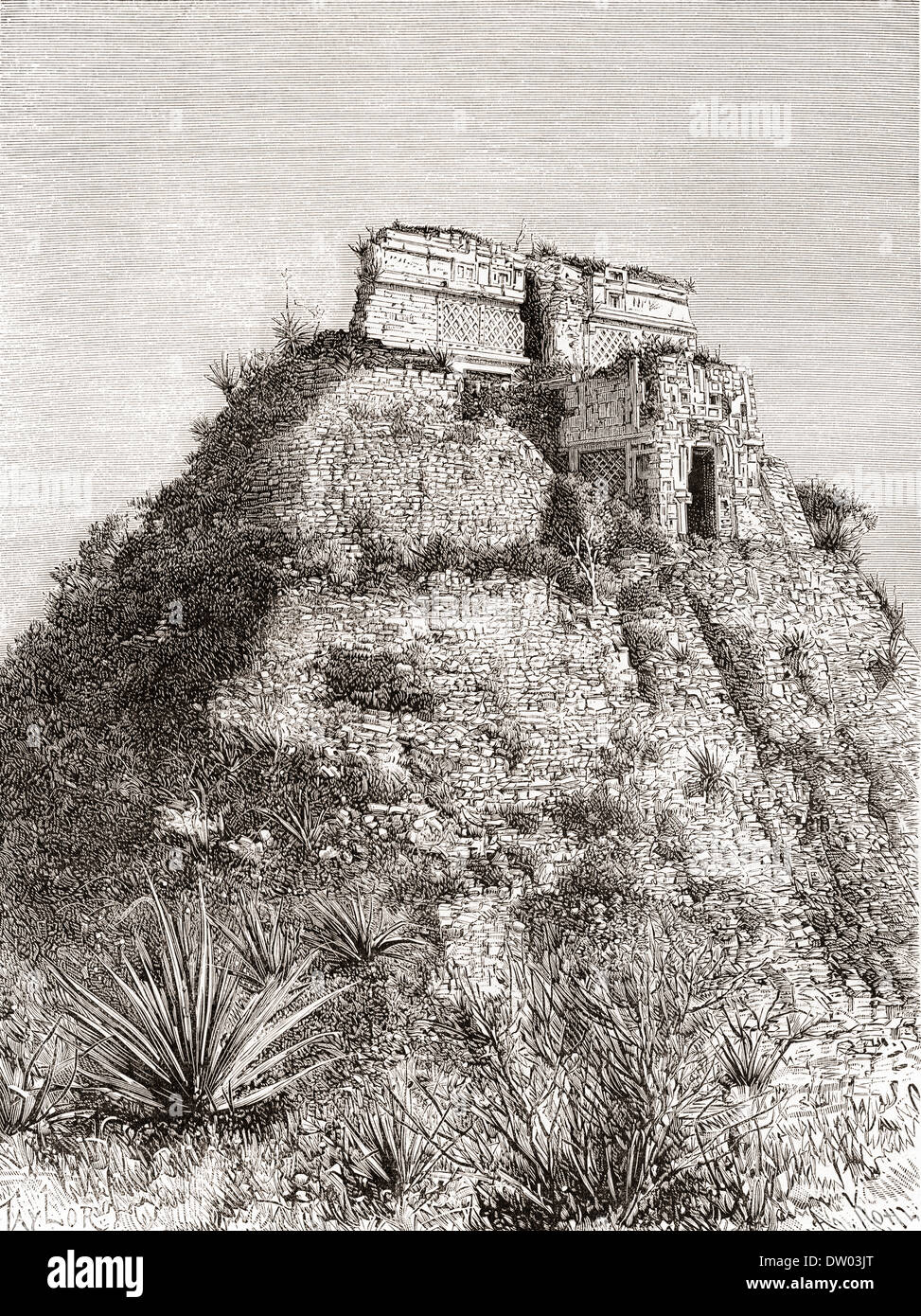 Die Pyramide des Zauberers, Uxmal, Mexiko, im 19. Jahrhundert vor der Restaurierung. Stockfoto
