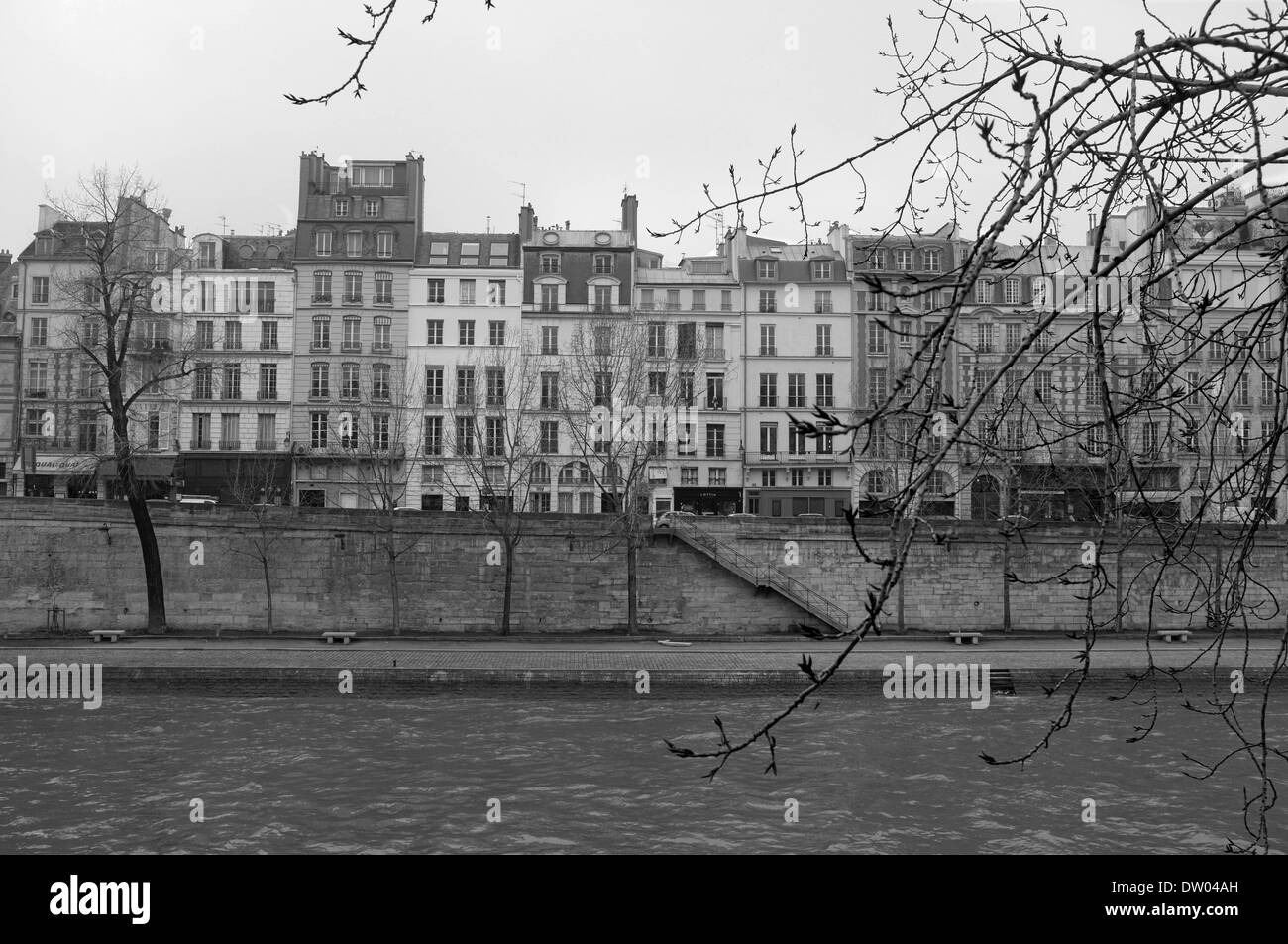 Fluss Seine, Paris, Isle De La Cité, schwarz und weiß, Frankreich Stockfoto