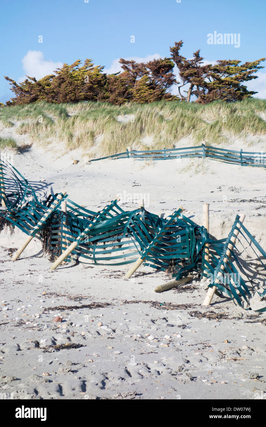 England, West Sussex, West Wittering. Kunststoffbänder scheitern zu verhindern, dass das Meer erodieren die Sanddünen als Folge der Stürme Stockfoto