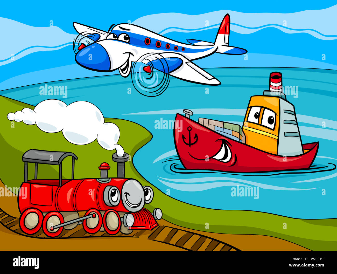 Cartoon-Illustration der lustige Flugzeug, Zug und Schiff