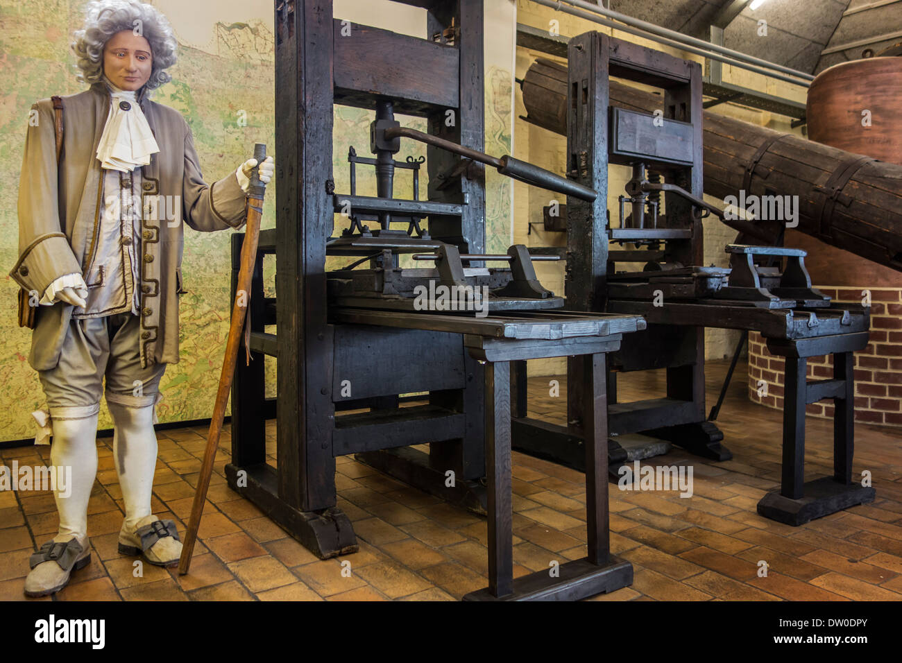 Alten achtzehnten Jahrhundert betrieben Hand hölzerne Pressen bei MIAT, industrielle Archäologiemuseum, Gent, Belgien Stockfoto