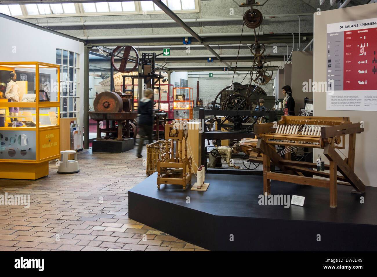 Textilmaschinen des achtzehnten Jahrhunderts Spinnerei bei MIAT, industrielle Archäologiemuseum, Gent, Belgien Stockfoto