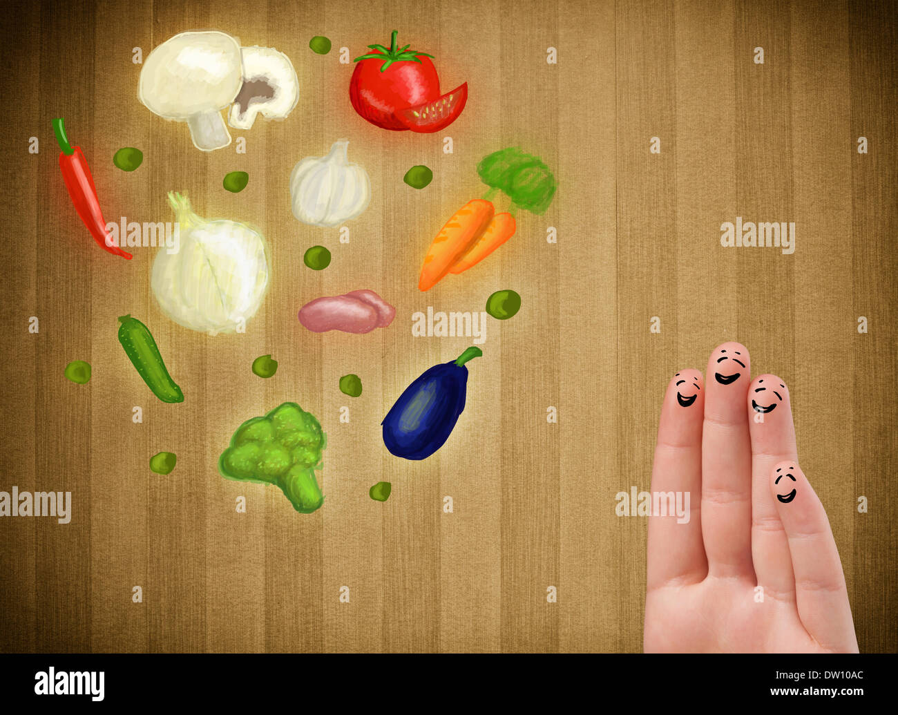 Glücklichen Smiley Gesicht Finger Blick auf Abbildung der bunten gesundes Gemüse Stockfoto