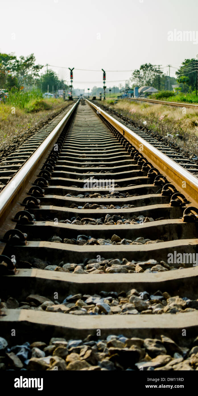 Teil der Bahnstrecke von Draufsicht hautnah. Stockfoto