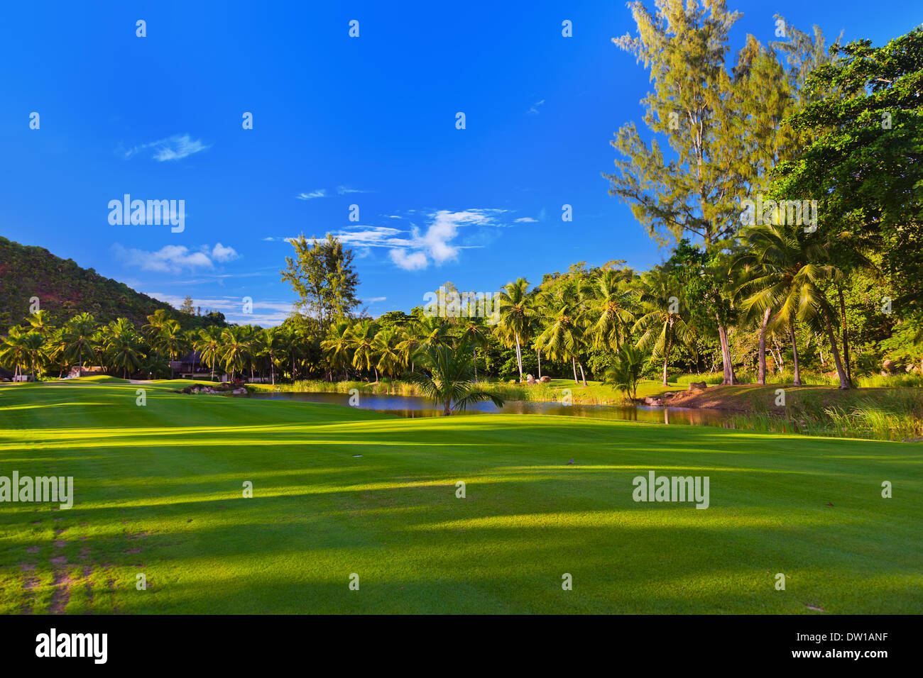 Golfplatz auf den Seychellen Stockfoto