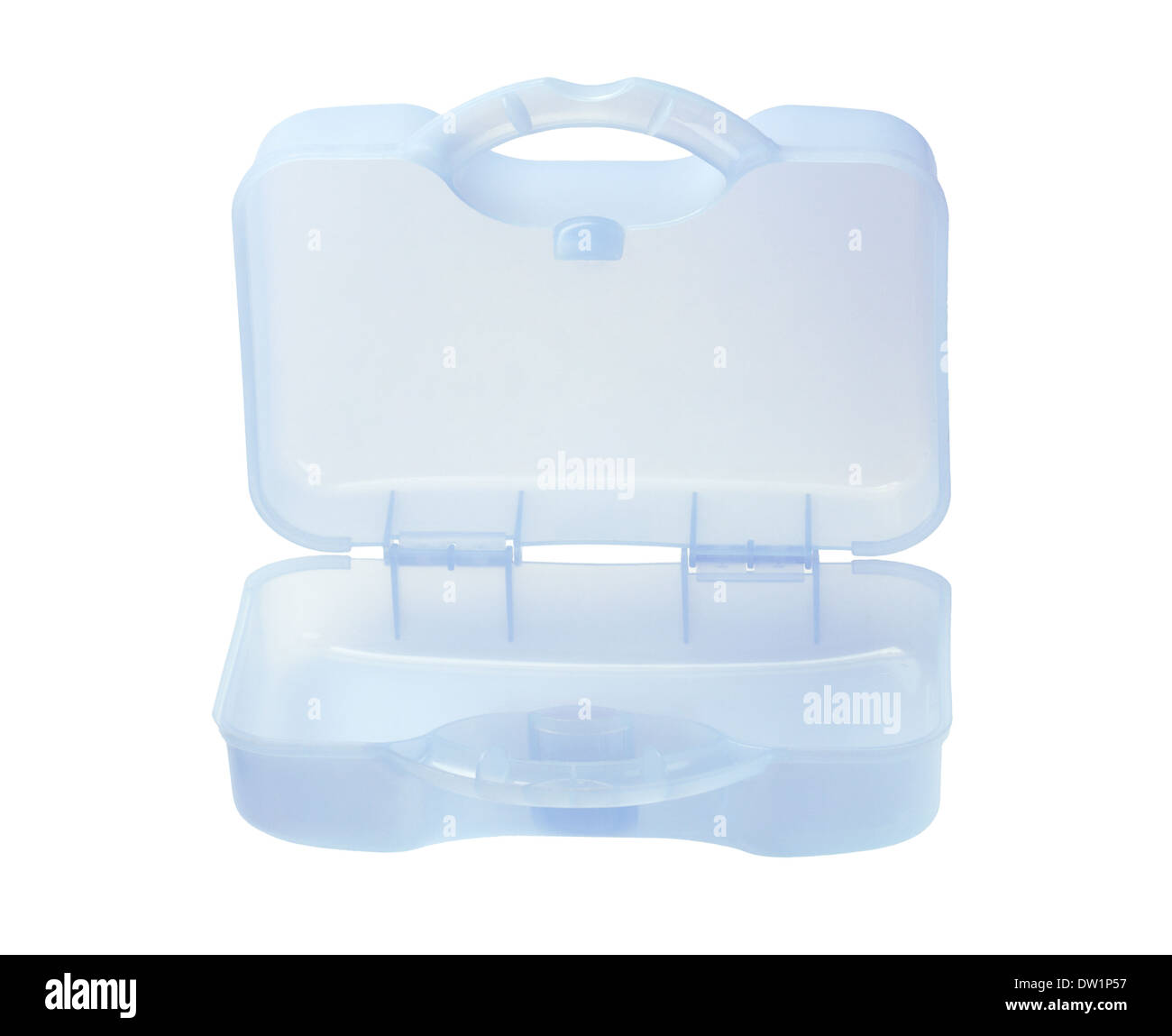 Offenen Kunststoff Aufbewahrungskoffer auf weißem Hintergrund Stockfoto