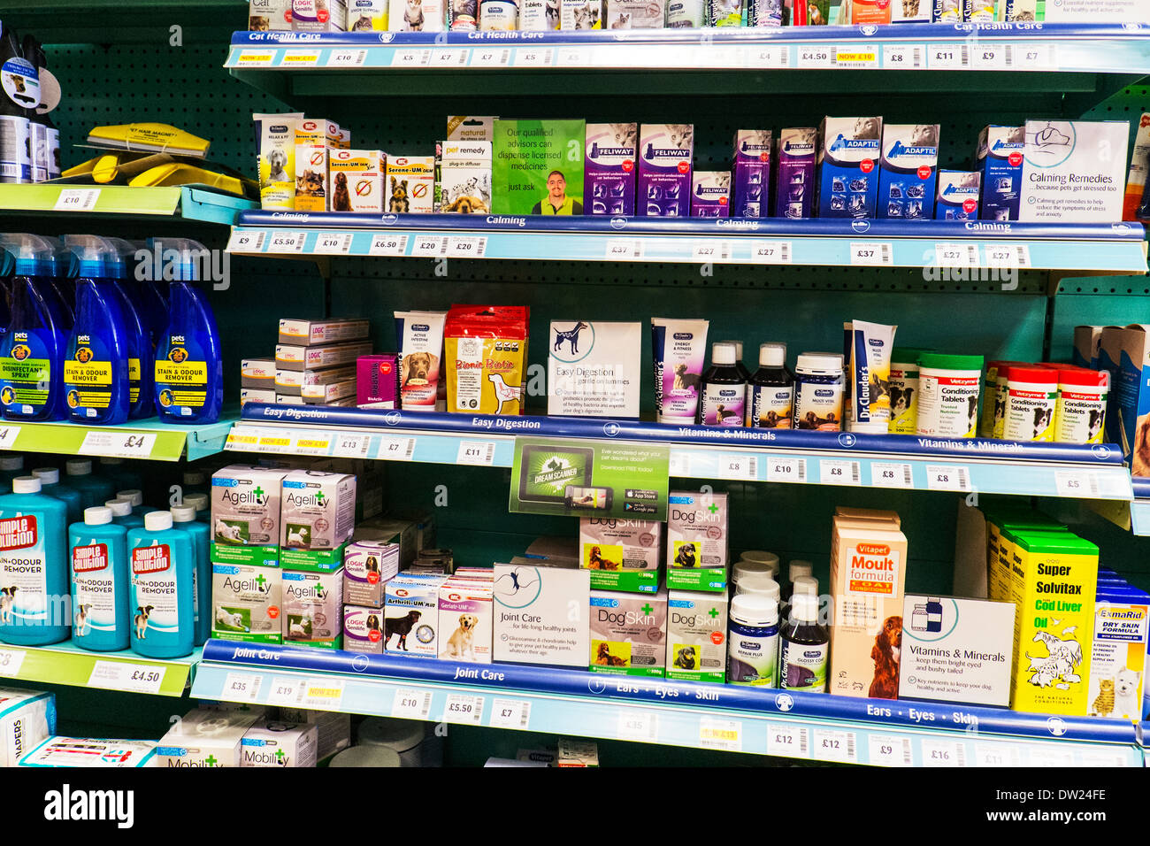 Hund Pflege Produkt Produkte Haustier Wellness Apotheke Ernährung Pflege Display stehen bei Haustieren zu Hause Shop Shop Verdauung Gelenk Stockfoto