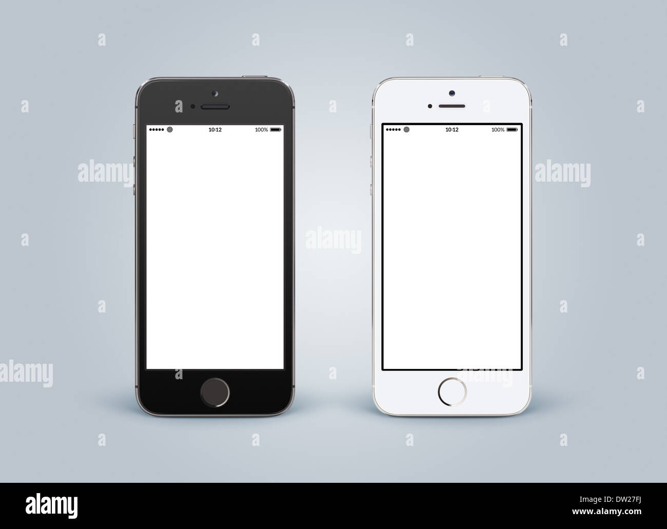 Direkt Vorderansicht der schwarzen und weißen Smartphones mit leeren Screenon grauen Hintergrund mit Farbverläufen. Hohe Qualität. Stockfoto