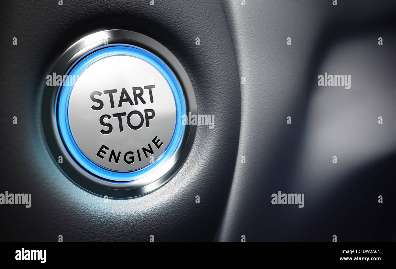 Konzeptionelle 3D-Render Bild mit Schärfentiefe-Unschärfeeffekt. Motor-Start-Button mit Platz für Text auf der rechten Seite Stockfoto