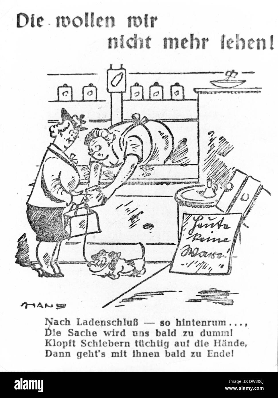 Nach dem Ende des Krieges 1945 - Eine Grafik, die am 18. August 1945 in der Deutschen Volkszeitung, dem Zentralkomitee der Kommunistischen Partei Deutschlands, veröffentlicht wurde, zeigt eine Verkäuferin, die illegale Waren verkauft. Die ursprüngliche Überschrift lautet: "Die, die wir nicht mehr sehen wollen! Nach der Schließzeit - durch die Hintertür. Das Ding ist dumm! Die Schwarzmarktkäufer auf die Finger hauen, dann ist es bald vorbei. Fotoarchiv für Zeitgeschichte - KEIN KABELDIENST Stockfoto