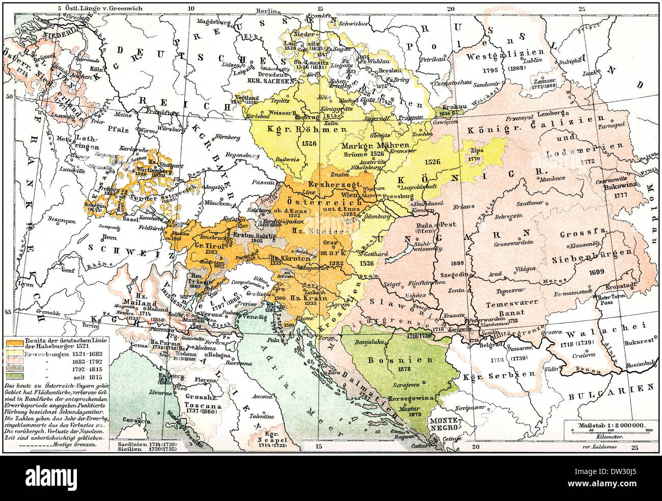 Historische Karte von Austria-Hungary, Doppelmonarchie oder Kuk-Monarchie, für den Zeitraum zwischen 1867 und 1918, 19. Jahrhundert Stockfoto