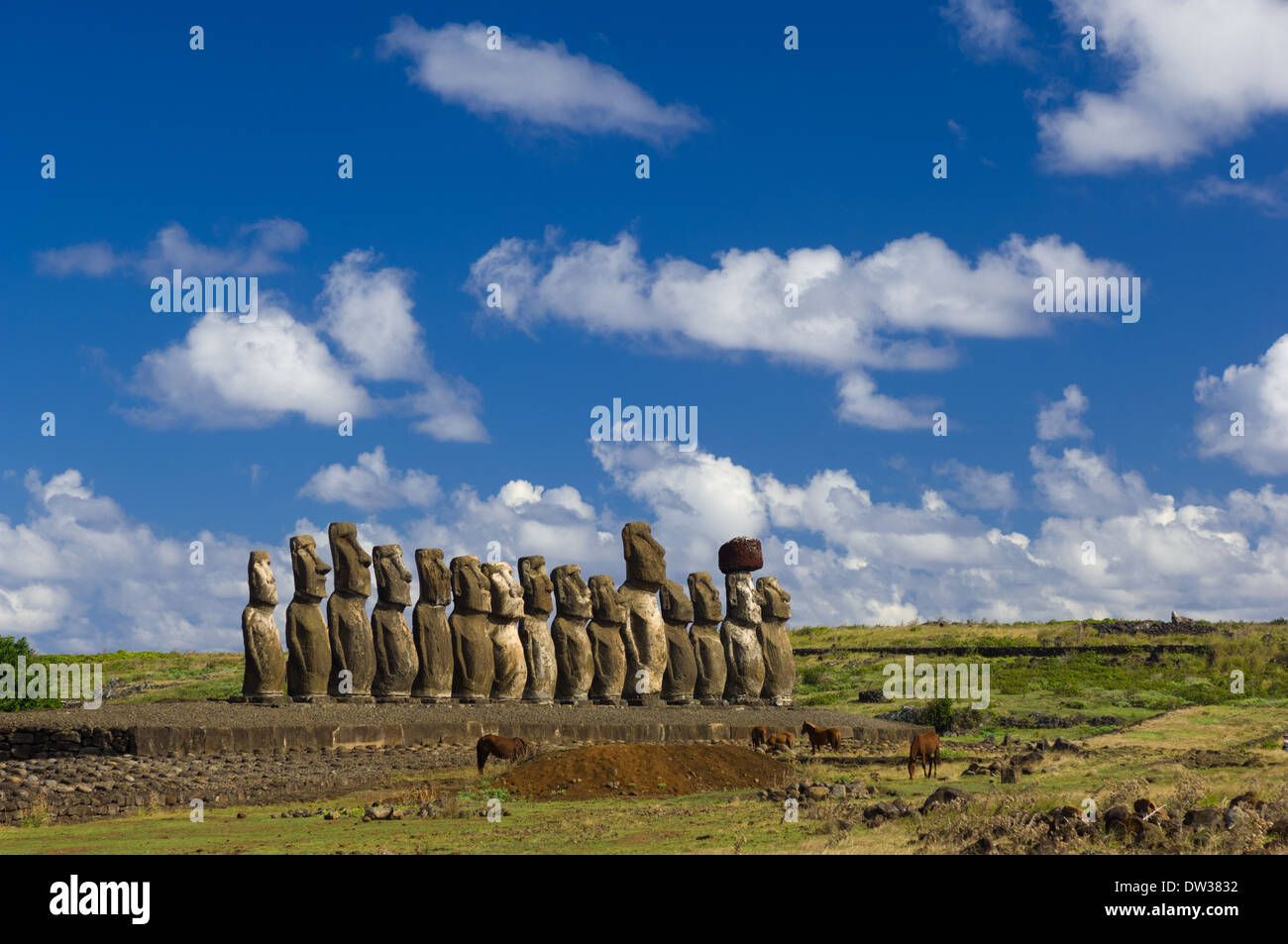 Moais am Ahu Tongariki, Rapa Nui (Osterinsel), Chile Stockfoto