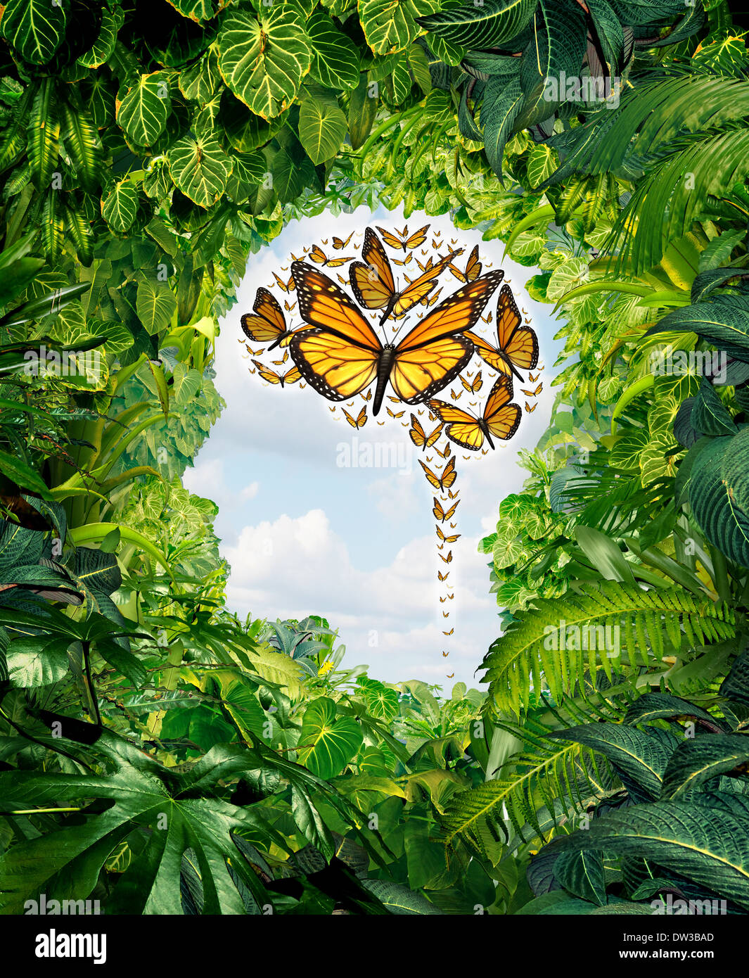 Intelligenz und menschliche Kreativität als Freiheit der Ideen-Symbol auf einem grünen Dschungellandschaft geformt als einen Kopf und eine Gruppe von fliegenden Monarchfalter in Form eines Gehirns als psychische Gesundheit und Bildung Metapher für das Potential des Geistes. Stockfoto