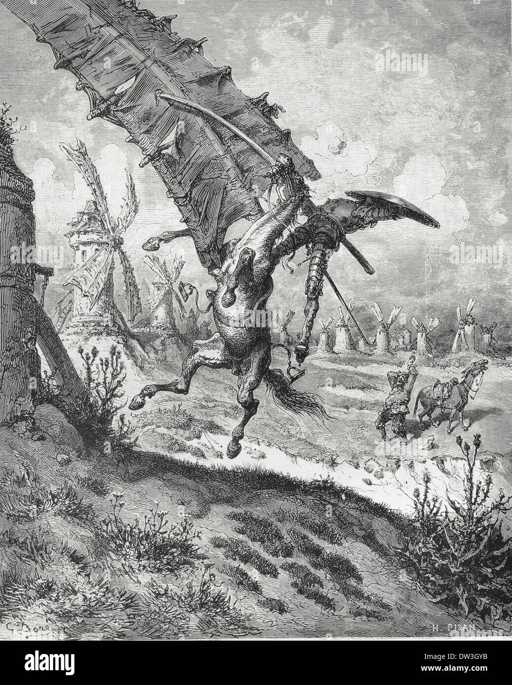 Don Quijote von Miguel de Cervantes. Der Angriff auf die Windmühle. (Teil I, 8).  Illustrierte G. Dore Stockfoto