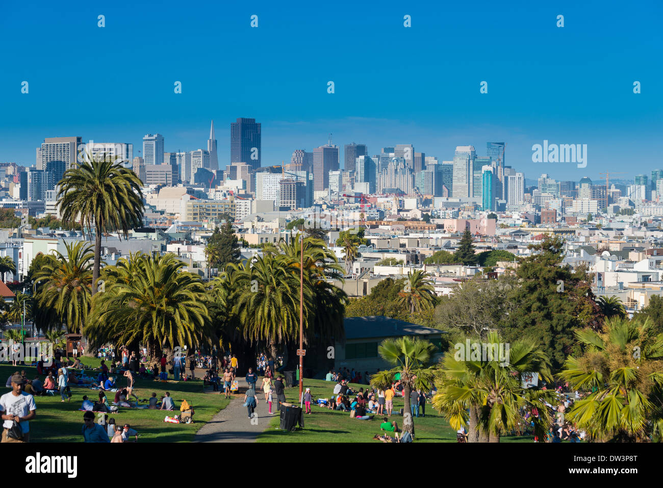 Skyline von San Francisco aus Mission Dolores Park, Kalifornien, USA Stockfoto