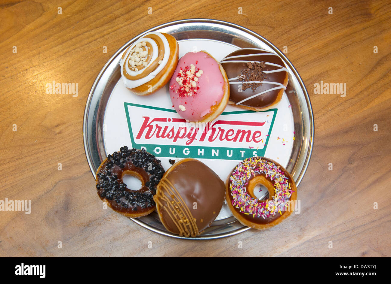 Eine Auswahl Krispy Kreme Doughnuts. Stockfoto