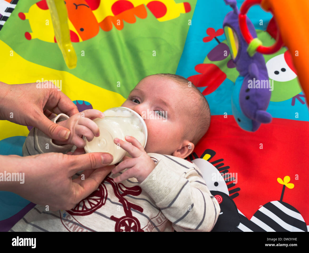 dh BABY UK Fütterung gefütterte Flasche Milchpulver 3 Monate alte Babys Stockfoto