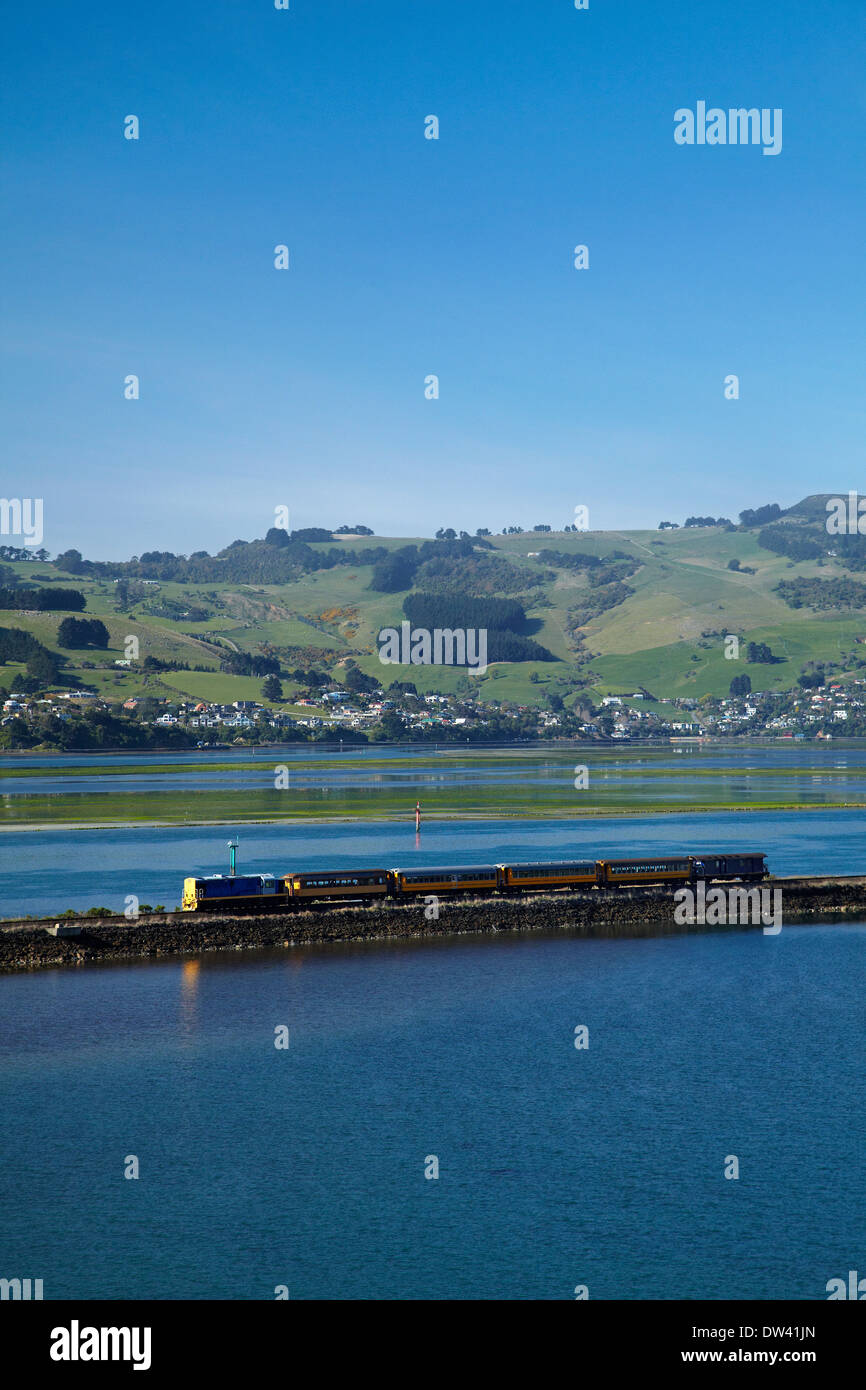 Taieri Gorge "Seasider" Zug, Blanket Bay, Otago Harbour und Otago Peninsula, Dunedin, Otago, Südinsel, Neuseeland Stockfoto