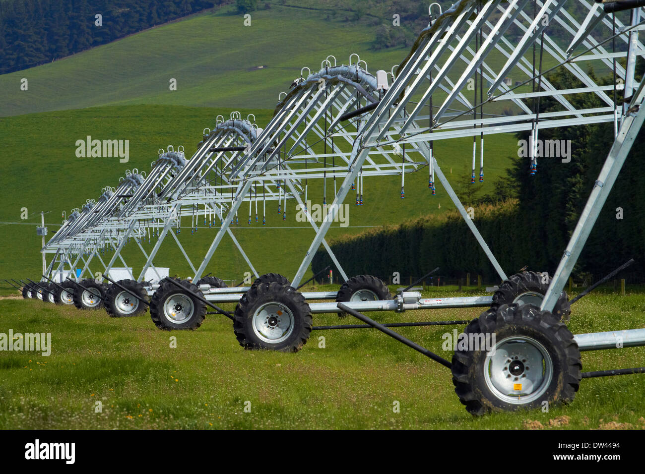 Center Pivot Bewässerung, in der Nähe von Culverden, North Canterbury, Südinsel, Neuseeland Stockfoto
