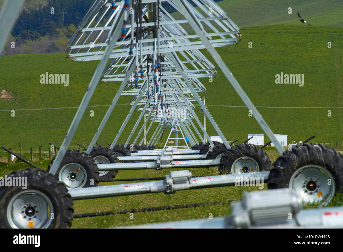 Center Pivot Bewässerung, in der Nähe von Culverden, North Canterbury, Südinsel, Neuseeland Stockfoto