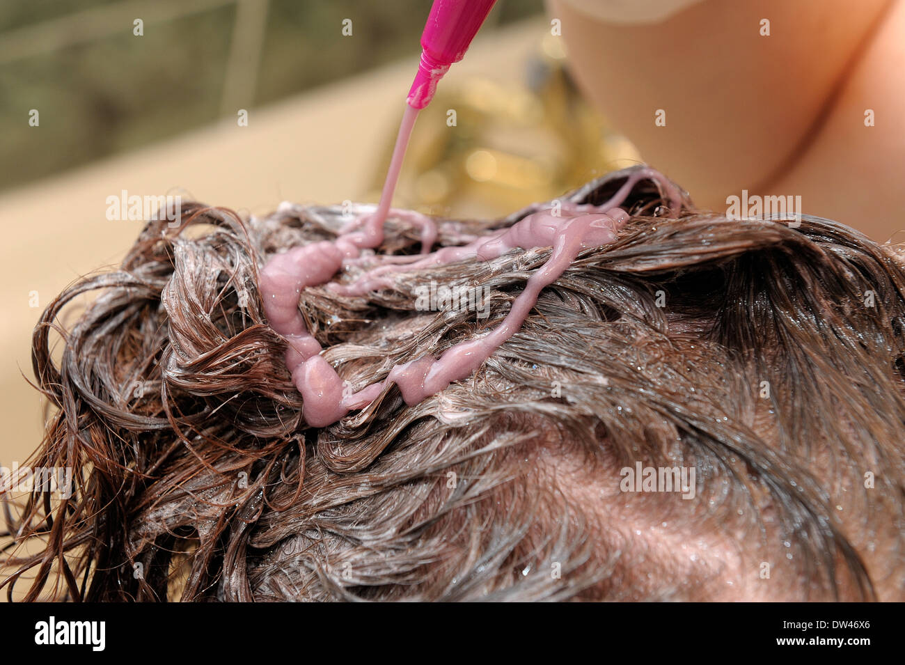 Frau, die Anwendung von Haarfärbemitteln, ihr Hinterkopf Stockfoto