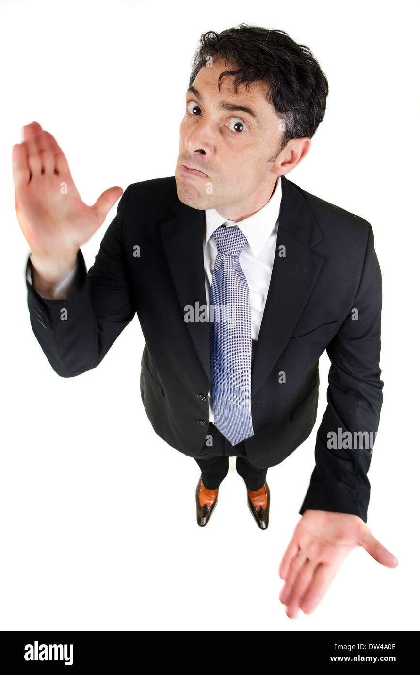 Strenge Geschäftsmann klatschte in die Hände isoliert auf weißem Hintergrund Stockfoto