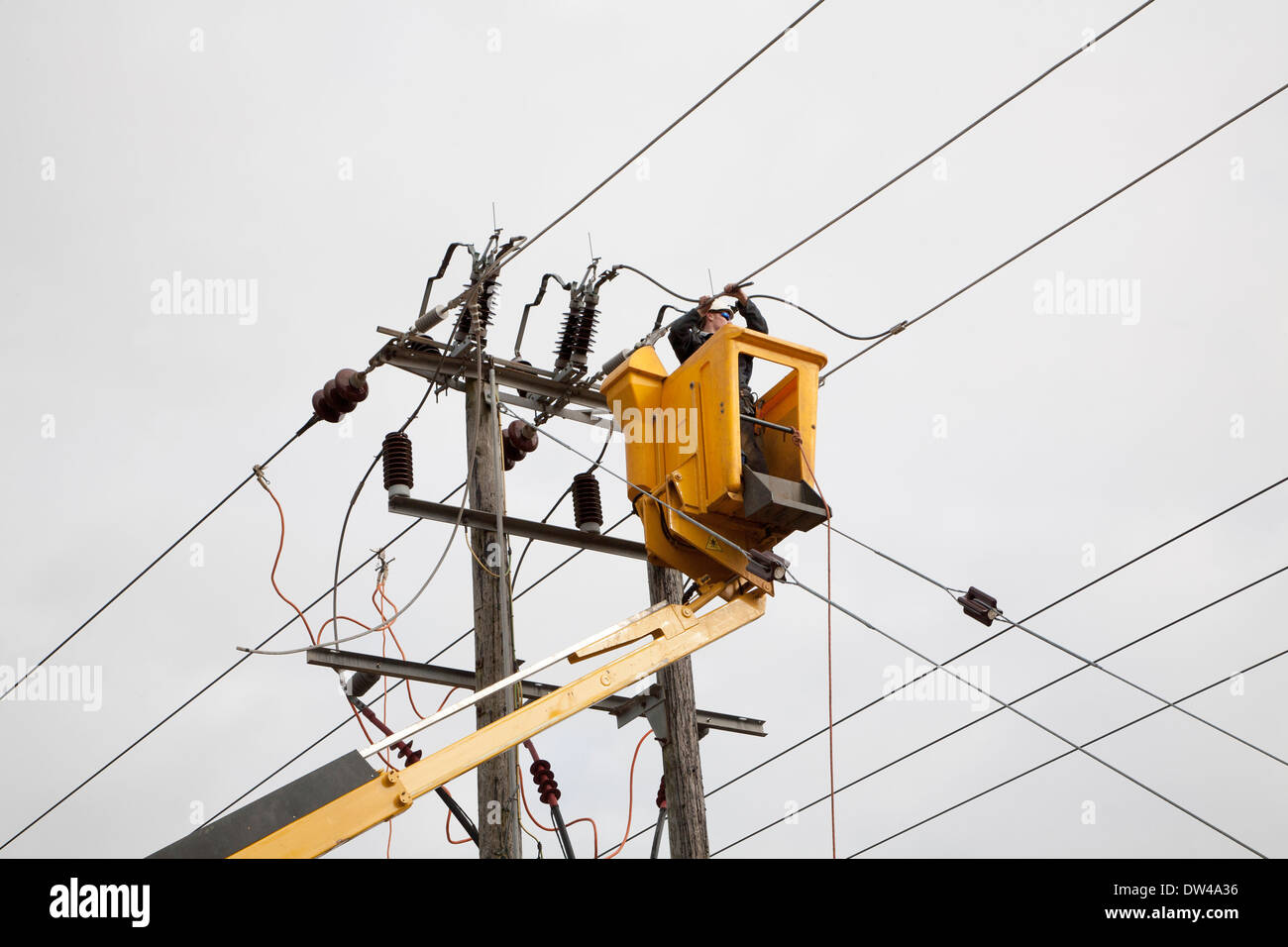 Elektriker arbeiten auf Hochspannung powerlines Stockfoto