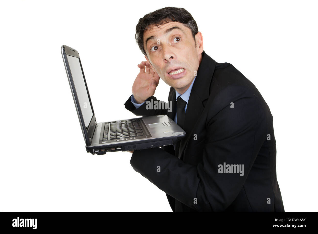 Geschäftsmann, Laptop, isoliert auf weiss anhören Stockfoto