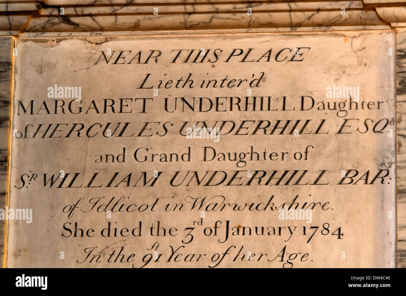 Margaret Underhill Denkmal in Heilige Dreifaltigkeit und St. Thomas von Canterbury Kirche, Ettington, Warwickshire, England, UK Stockfoto