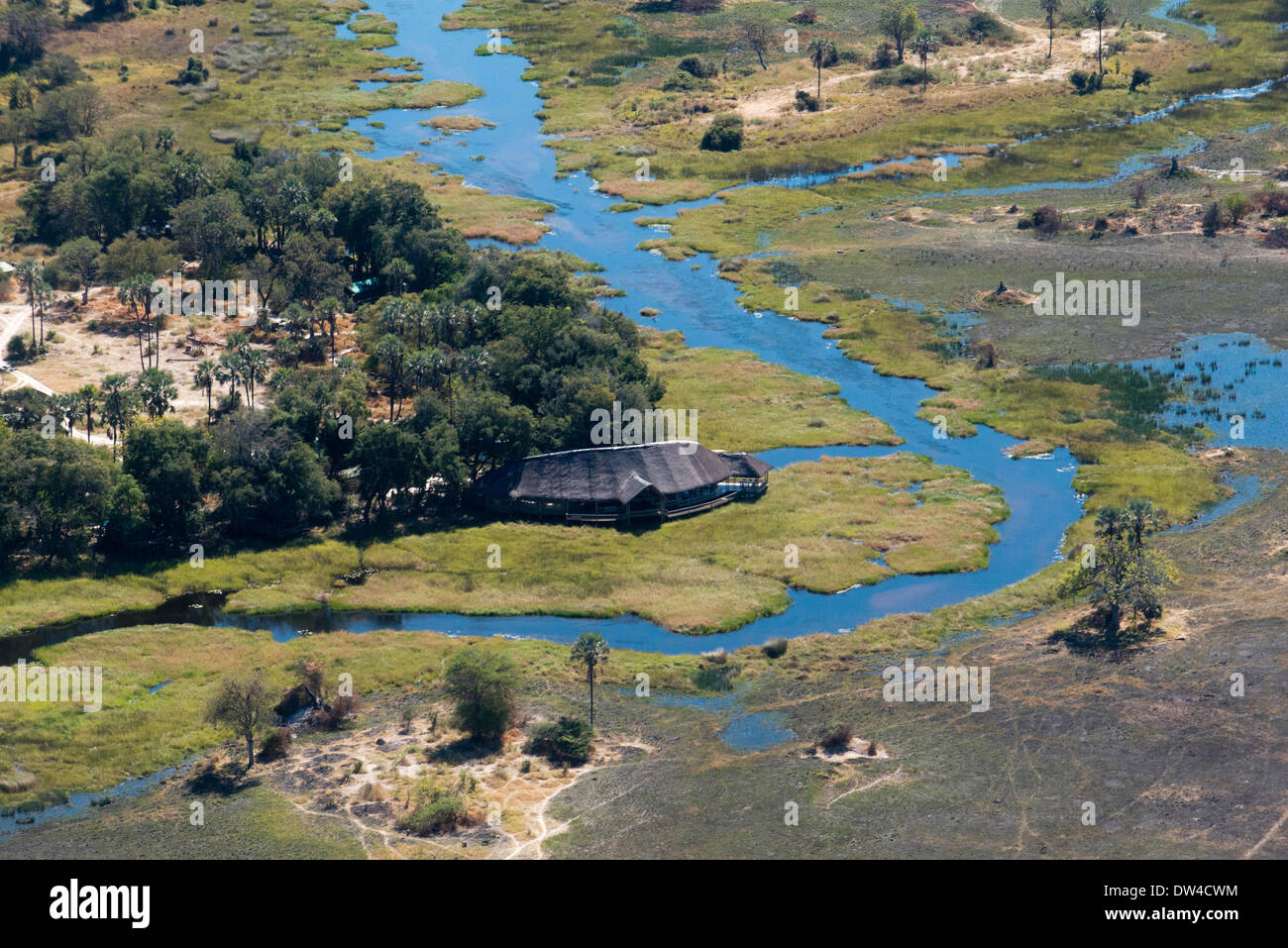 Luftaufnahmen von Camp Savute Elephant Camp von Orient-Express in Botswna im Chobe Nationalpark und Camp Camp Eagle Island Camp Stockfoto