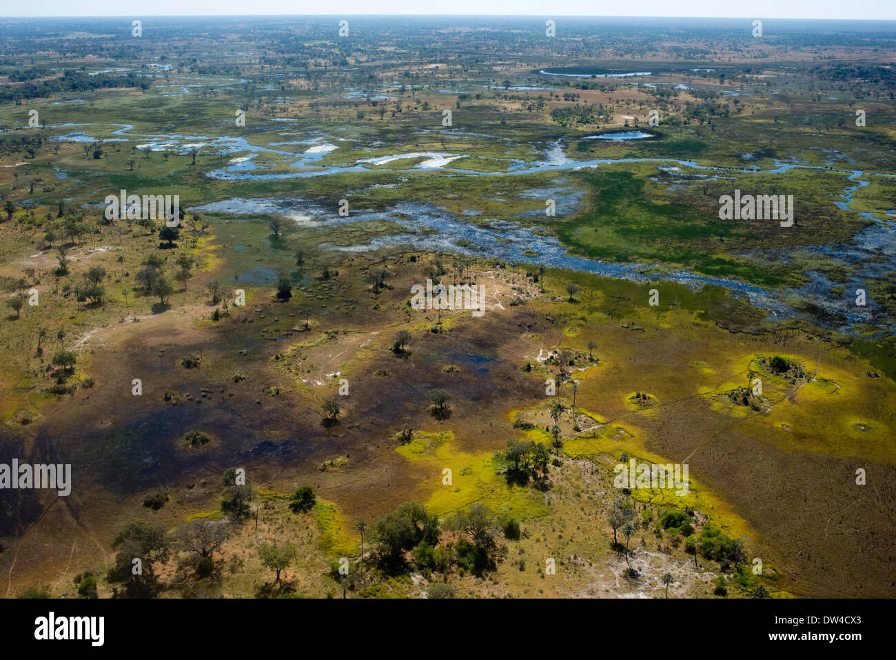 Luftaufnahmen von Camp Savute Elephant Camp von Orient-Express in Botswna im Chobe Nationalpark und Camp Camp Eagle Island Camp Stockfoto
