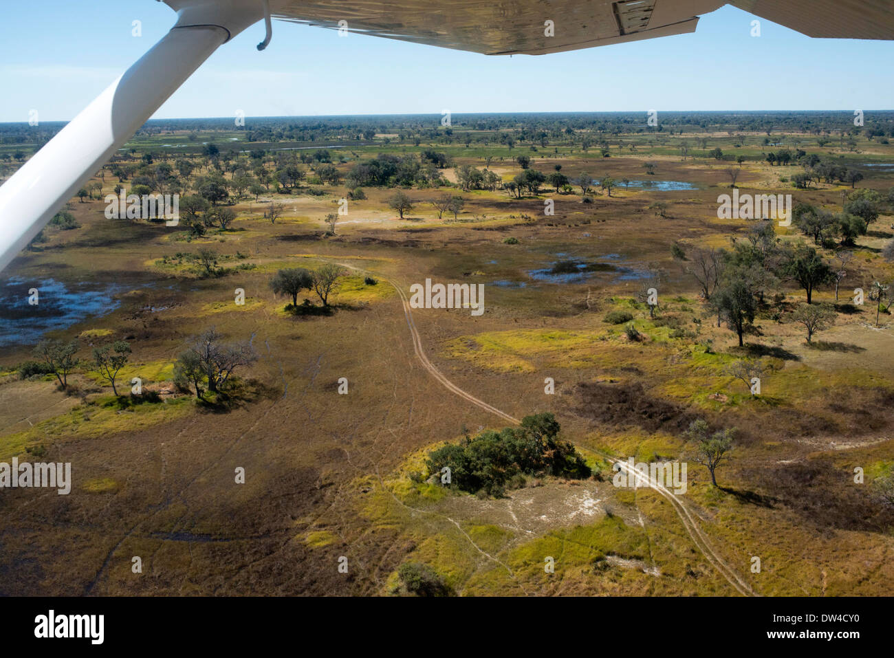 Luftaufnahmen von Camp Savute Elephant Camp von Orient-Express in Botswna im Chobe Nationalpark und Camp Camp Eagle Island Camp Stockfoto