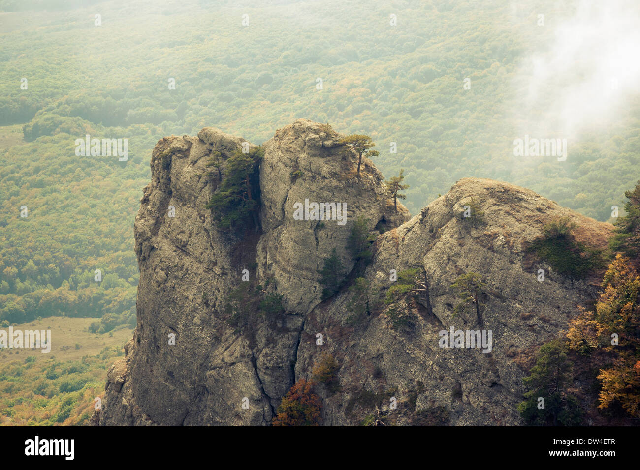 malerischen felsigen Steilküste mit einigen Kiefern auf dem Grat Stockfoto