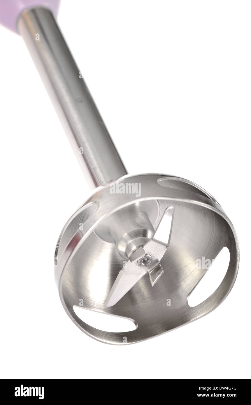 Messer der elektrischen Handmixer auf weißem Hintergrund, detail Stockfoto